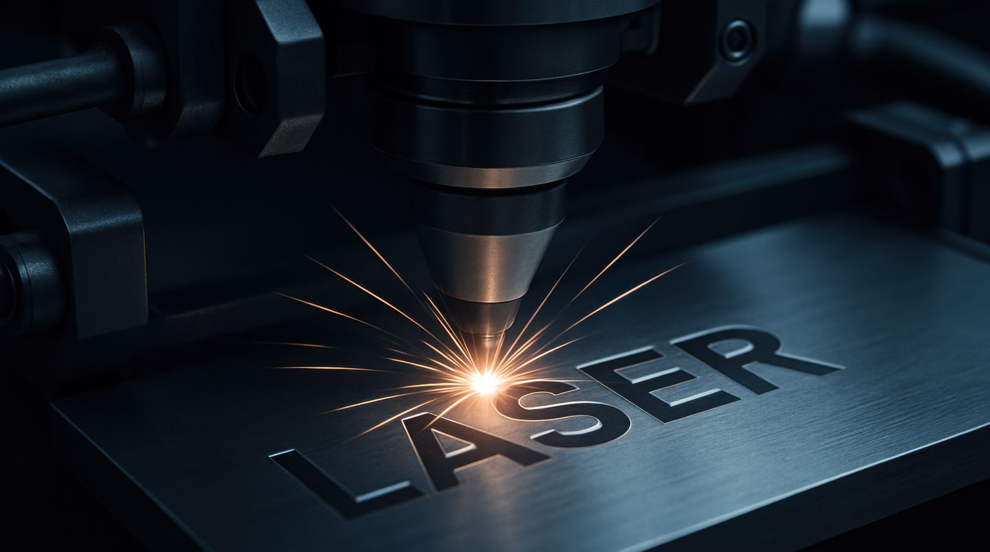Atelier de personnalisation d'objets publicitaires montrant une machine de gravure laser en action sur un powerbank métallique, avec technicien ajustant la pièce et postes de sérigraphie et broderie en arrière-plan