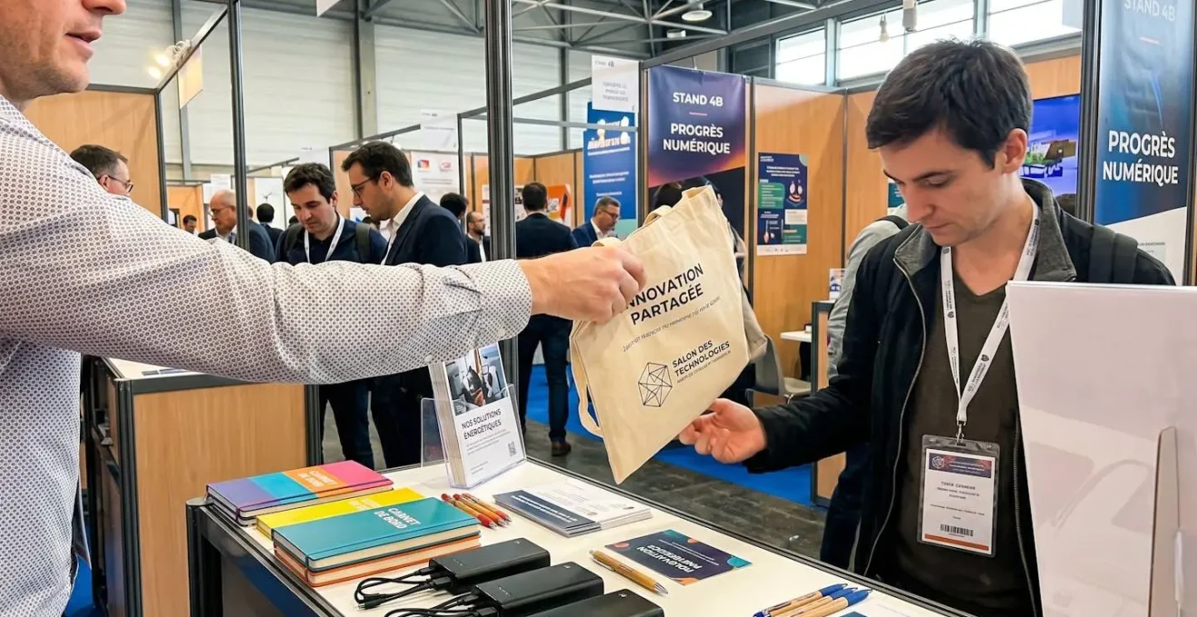 Échange de goodies lors d'un salon professionnel : exposant remettant un totebag personnalisé à un visiteur, avec table d'exposition présentant powerbanks et carnets au premier plan