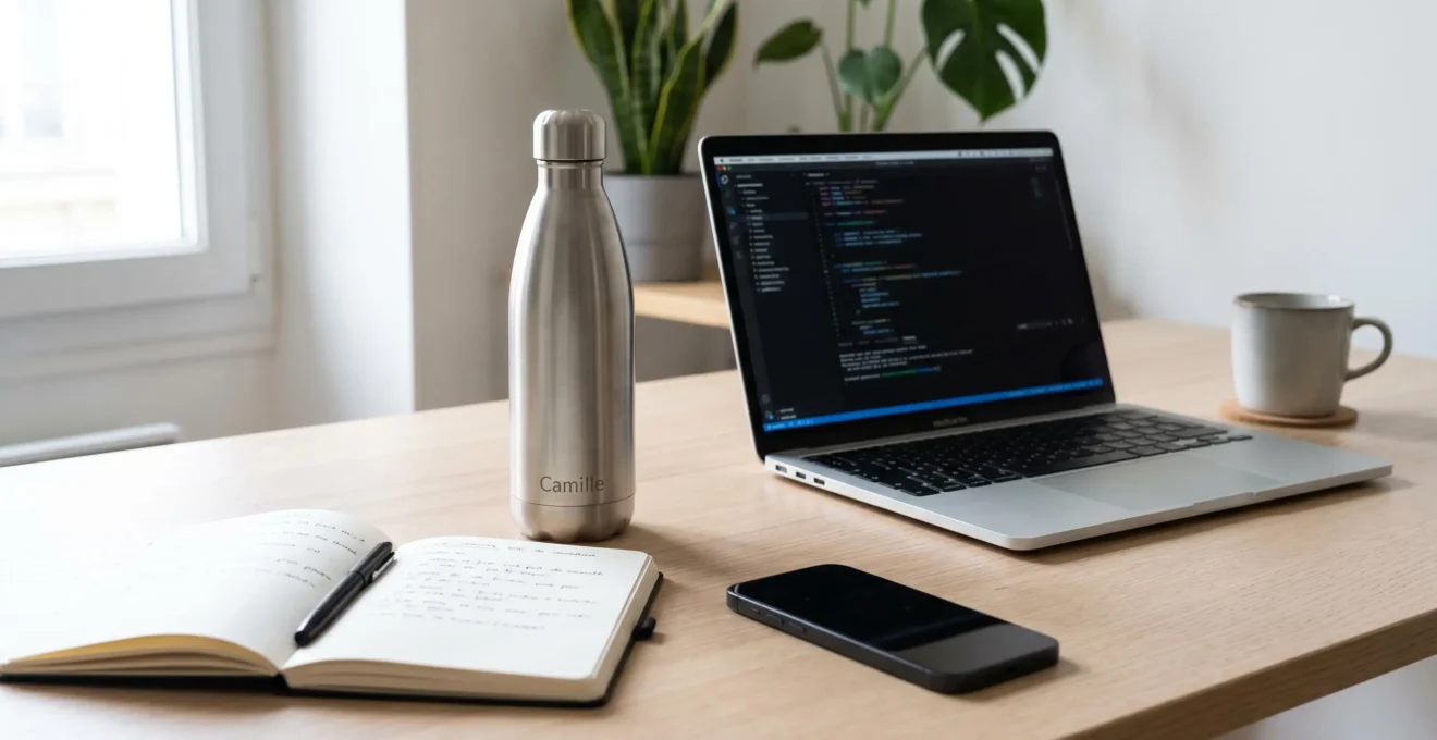 Gourde réutilisable en inox personnalisée posée sur un bureau professionnel moderne aux côtés d'un ordinateur portable, d'un carnet et d'un smartphone, dans une ambiance lumineuse et épurée